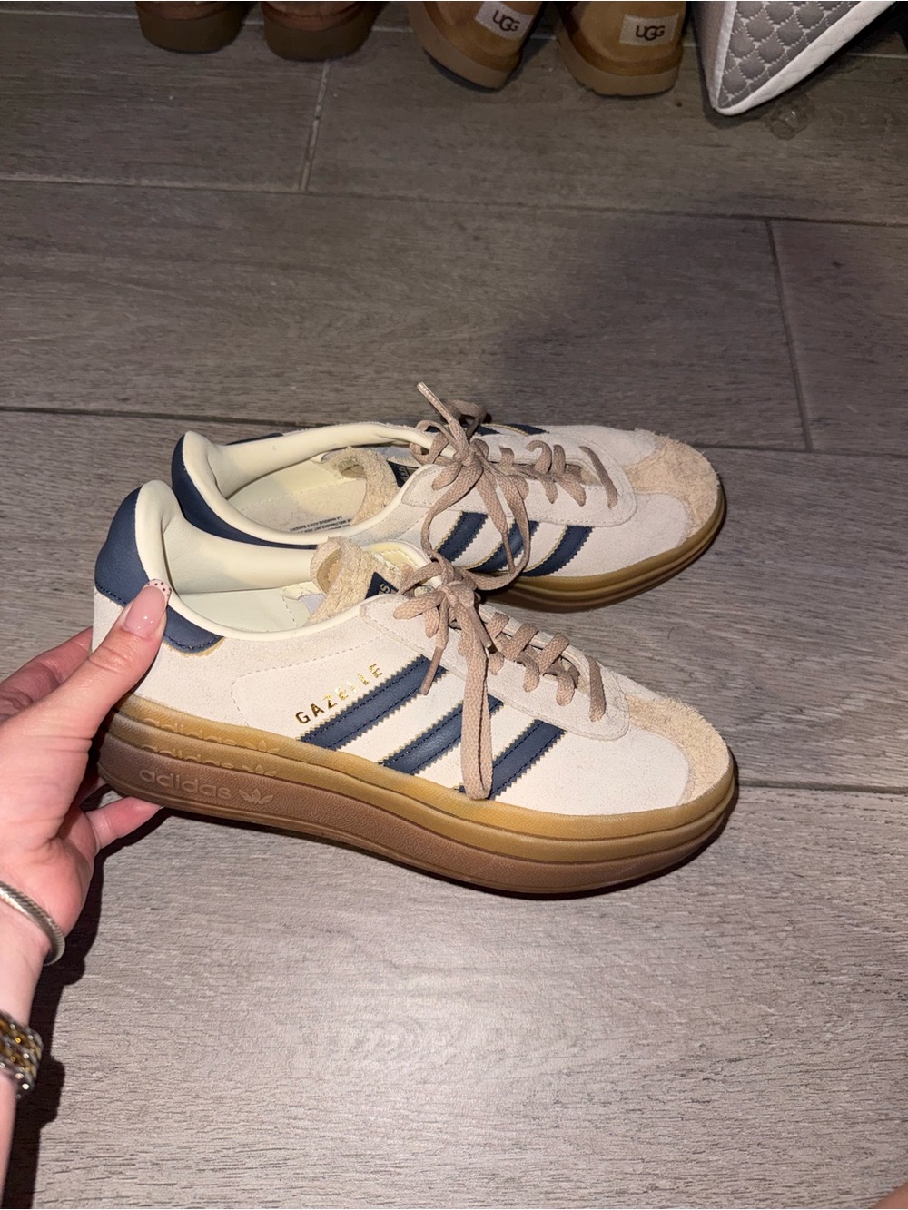 adidas Women’s Gazelle Platform Sneakers - Cream & Navy with Gum Sole
